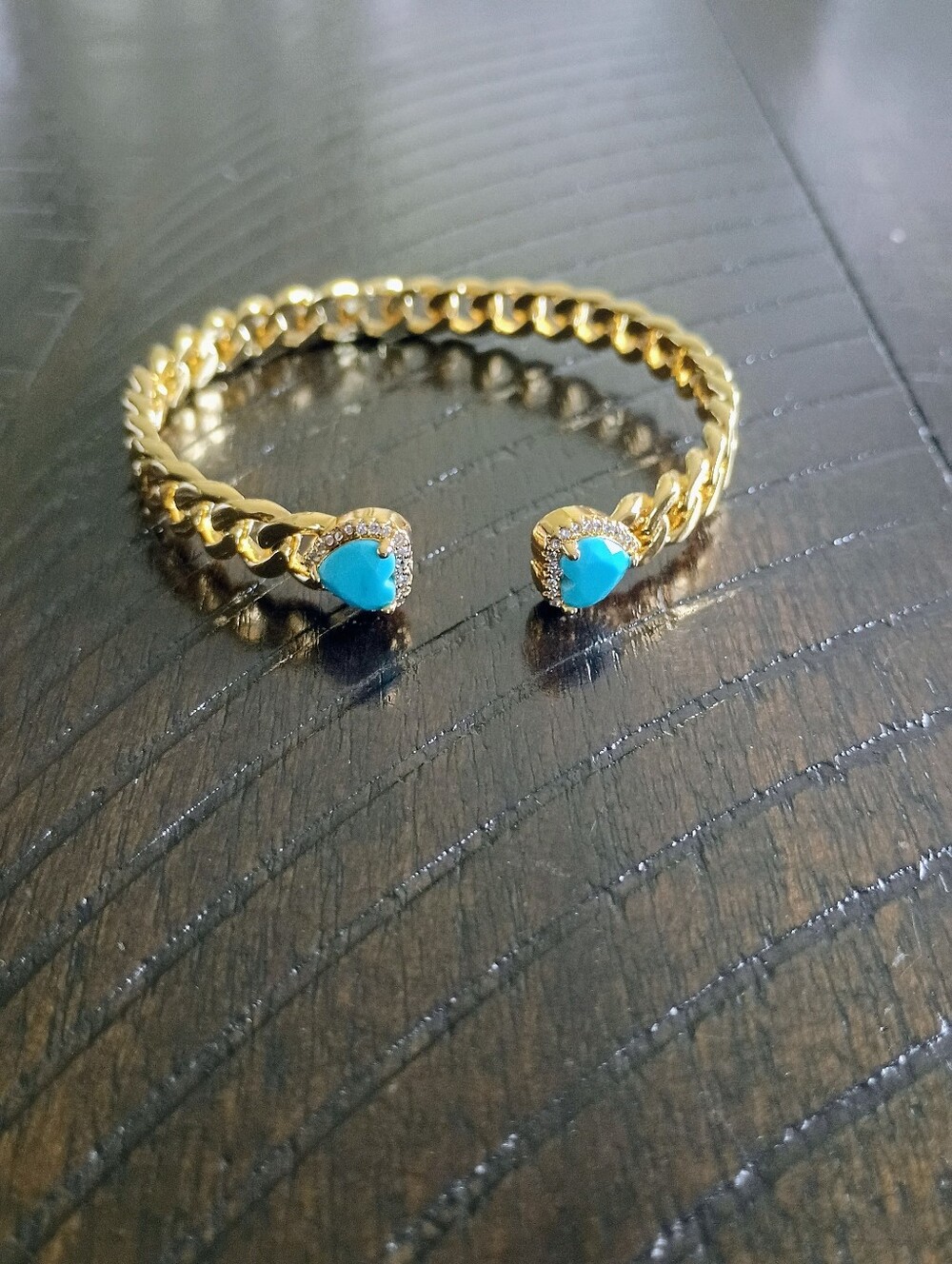 New Gold Plated Chain Open Cuff Bracelet with Turquoise Heart Accents 🚨